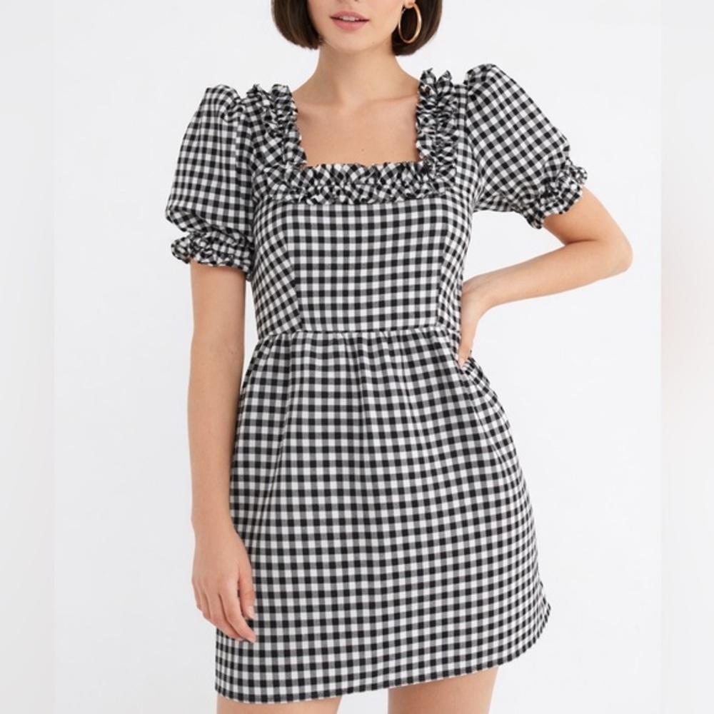 Lykke Wulf‎ Charlotte Ruffle Dress Black White Gingham Puff Sleeve Cotton Size S